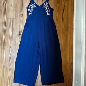 Q&A navy floral embroidery wide‎ leg tank jumpsuit SIZE M